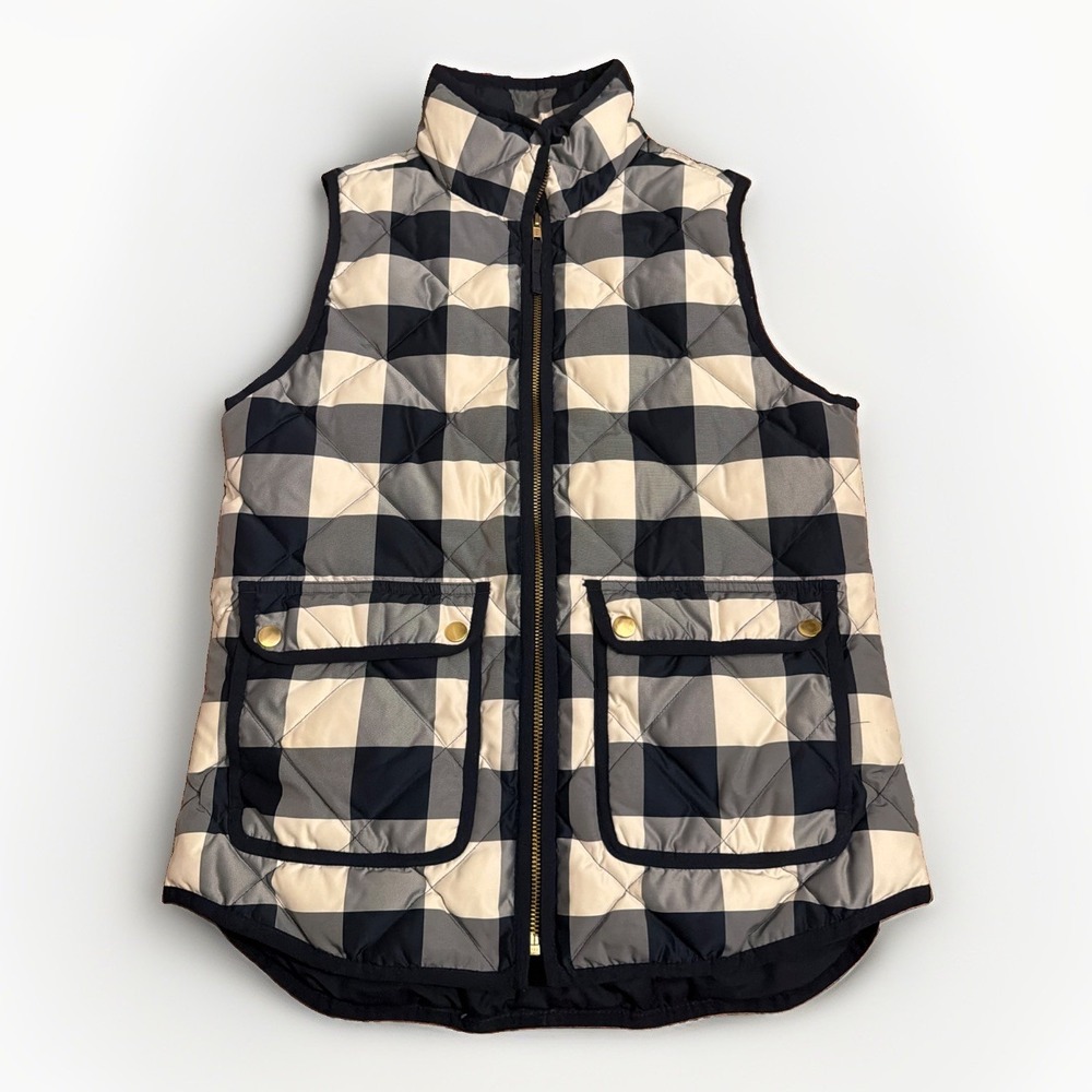 J Crew Excursion Down Quilted Plaid Checkered Puffer Vest Navy Cream XS